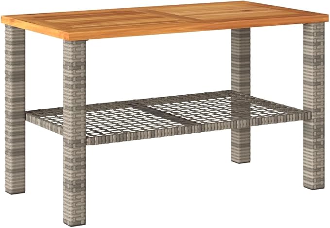 Small Garden Table with Acacia Wood Top, 27.6x15x16.5 Inch Poly Rattan Outdoor Table for Patio Backyard