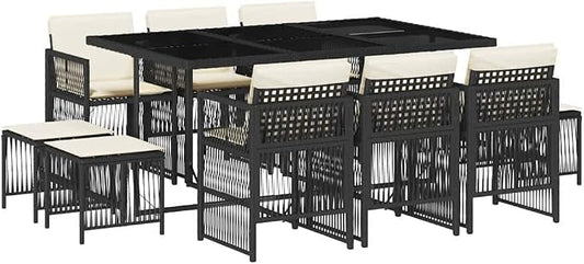 10-Seater Black Poly Rattan Garden Dining Set | Powder-Coated Steel Frame, Removable Cushion Covers, Rectangular Table, Patio Furniture