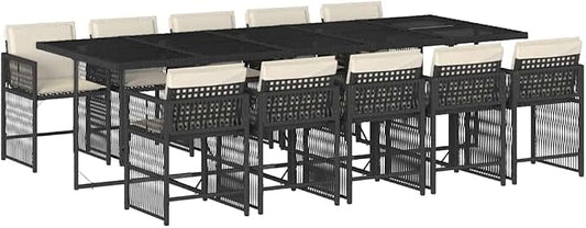 11-Piece Garden Dining Set - Large Outdoor Table and Chairs with Black Poly Rattan and Tempered Glass - Foldable Seating for 10 for Patio, Backyard and Terrace