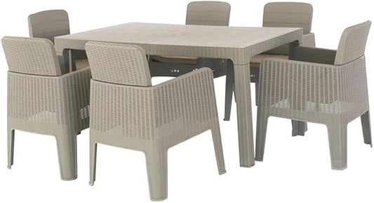 Pemberly Row 7-Piece Patio Dining Set, Gray Faux Rattan and Wood Finish, Durable Plastic, Beige Cushions, Rectangular Table with Umbrella Hole, Foldable and Stackable Armchairs, UV Protected, Outdoor