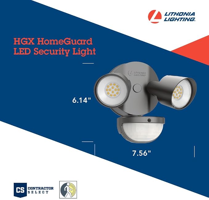 Lithonia Lighting HomeGuard 2-Light LED Outdoor Flood Lights, Motion Sensor | Dark Bronze Motion Sensor Outdoor Lights with Dusk to Dawn, 4000K Cool White, Round Heads (HGX LED 2RH 40K 120 MO DDB M2)