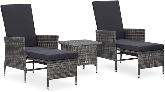 3-Piece Garden Lounge Set, Grey PE Rattan Outdoor Patio Furniture with Foldable Backrests and Cushions, 2-Person Seating Conversation Set for Balcony, Terrace and Backyard