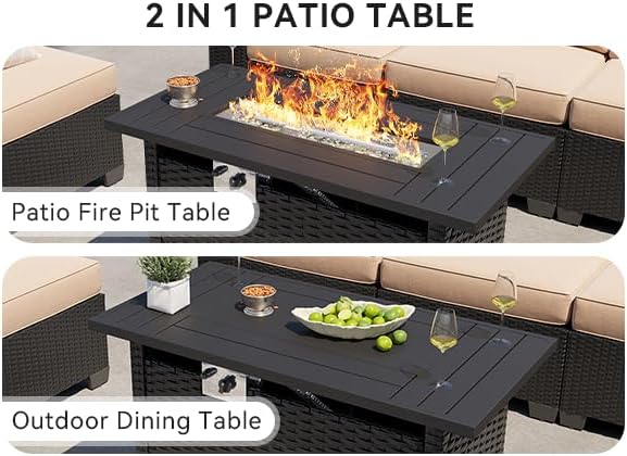 Aoxun Patio Furniture Set with 44'' Fire Pit Table, 7 Pcs Outdoor Patio Furniture Sets with 4in Thicken Cushion and Coffee Table, Widen Armrests Wicker Outdoor Sectional for Backyard & Garden, Beige