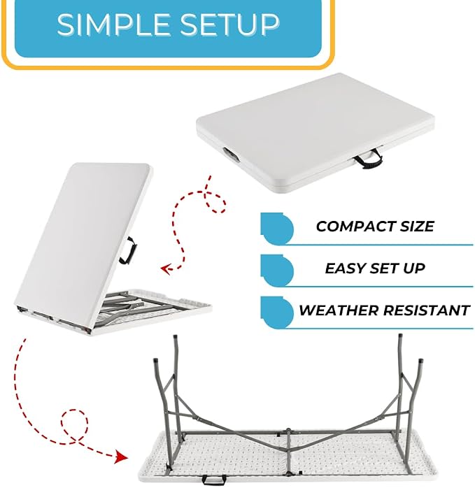 Ezone 4ft Indoor Outdoor Heavy Duty Portable Folding Plastic Dining Table w/Handle, Lock for Picnic, Party, Camping - White (4 Ft)