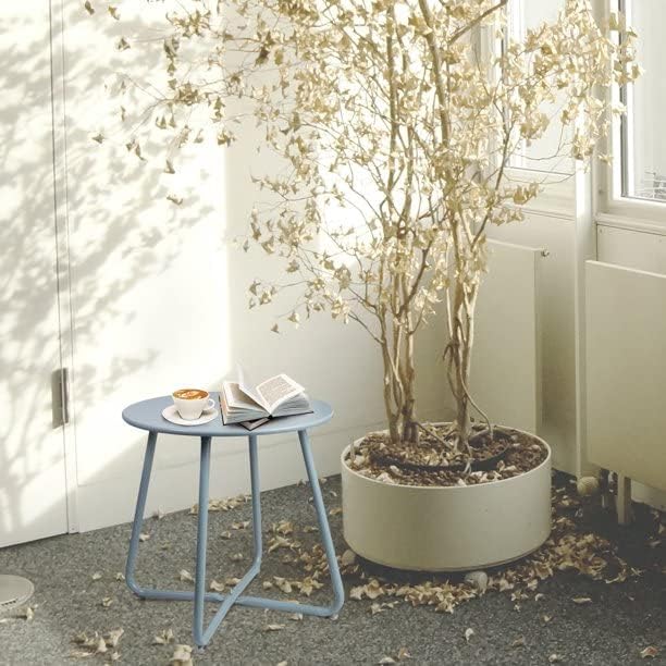 Side Table Anti-Rust Metal Outdoor End Table, Small Round Tables for Garden Balcony Yard, Blue