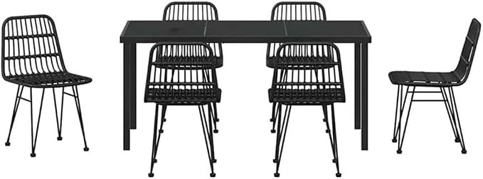 Afuera Living 7 Piece Poly Rattan Garden Dining Set, Black Finish, Rectangular UV-Resistant Design, Powder-Coated Steel Frame, Seats 6, Weather-Resistant Outdoor Patio or Garden Furniture for Dining