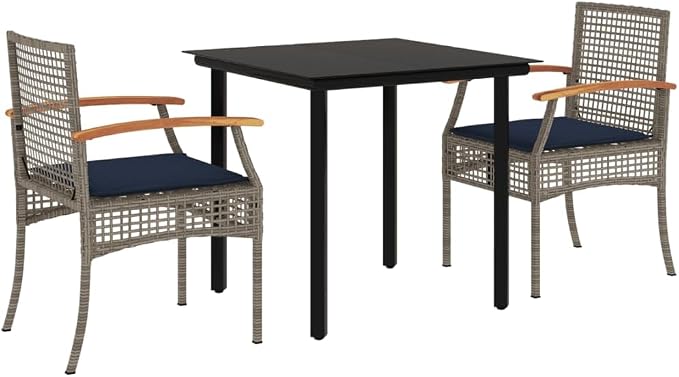 3 Piece Patio Dining Set with Cushions Gray Poly Rattan Outdoor Bistro Table and 2 Chairs for Garden Backyard Deck Patio Furniture with Tempered Glass Top Navy Blue Cushions