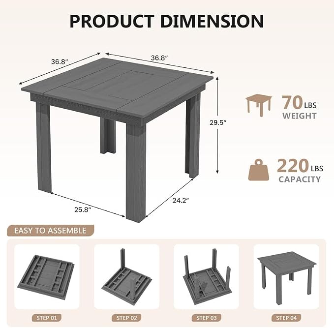 KINGYES 8-Piece HDPE Outdoor Dining Set for 6, Square Patio Table & Armless Chairs with Umbrella Hole, All-Weather Patio Dining Set for Backyard, Garden, Lawn & Poolside, Gray