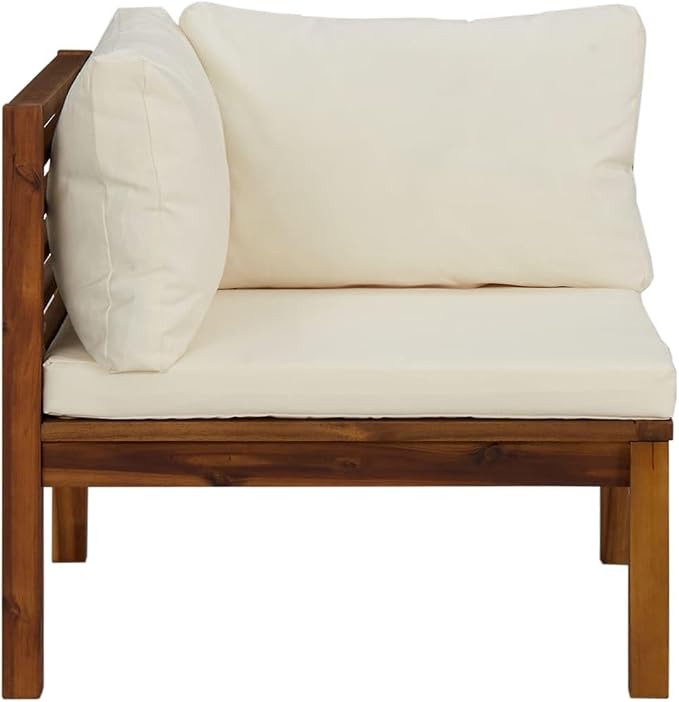 2 pcs Corner Sofas with Cream White Cushions, Solid Acacia Wood Outdoor & Indoor Garden Corner Chair with Sofa Cushion, Outdoor Conversation Set Sectional Sofa,-418