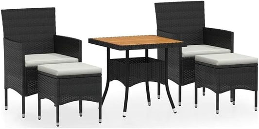 Afuera Living 5-Piece Patio Dining Set, Synthetic Poly Rattan and Acacia Wood, Black/Cream White Finish, Includes Cushioned Seats, Contemporary Compact Design for Outdoor Garden, Terrace or Balcony