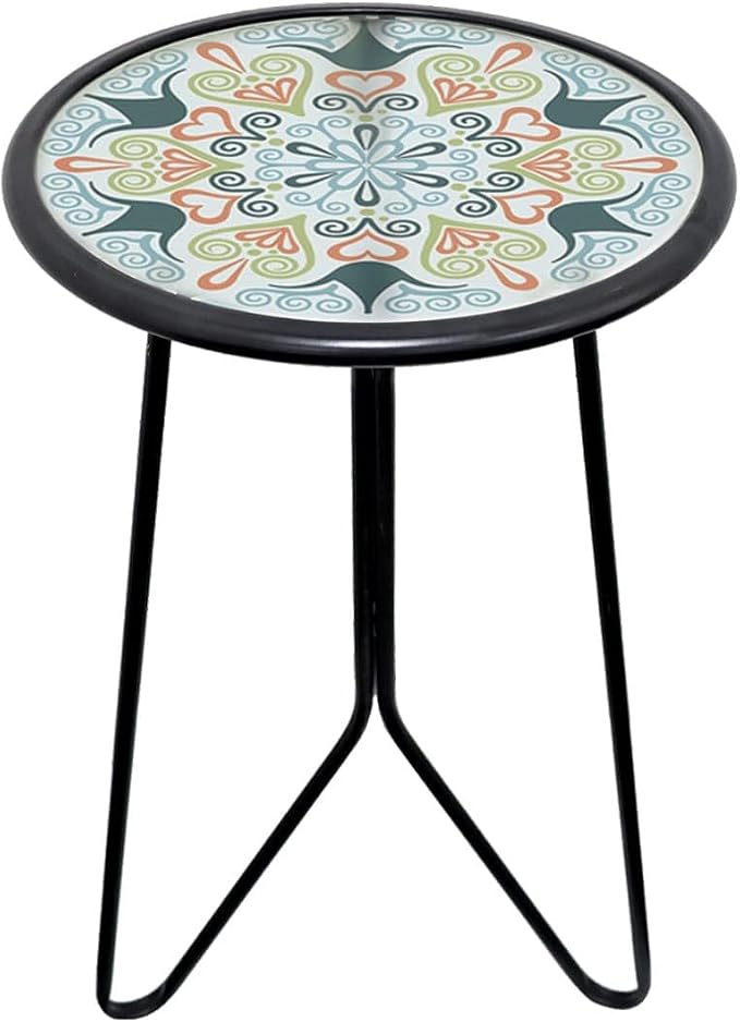 LIFFY Patio Side Table, 12" Outdoor Metal Side Table with Glass Top, Indoor Round Accent End Table for Living Room or Bedroom, Small Decorative Plant Stand Table for Garden Yard Balcony