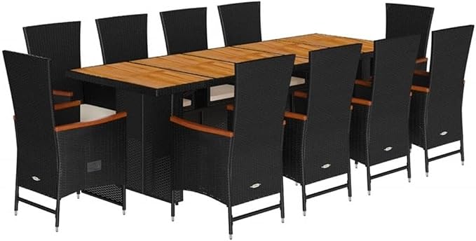 Afuera Living 11 Piece Poly Rattan Patio Dining Set, Black/Cream White, UV-Water Resistant, Solid Acacia Wood Table 94.5 in, Adjustable Reclining Chairs, Cushioned Seating for Outdoor Garden Terrace