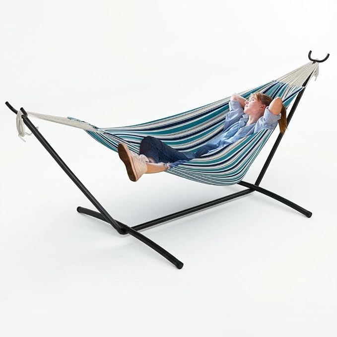 Double Hammock with Foldable Steel Stand and Carry Bag, 450LBS Weight Capacity Indoor Outdoor Standing Hammock, Portable Cotton Hammock for Garden Patio Camping Beach