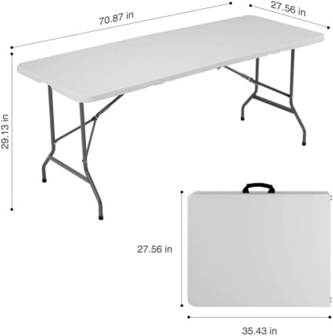 6-Foot Portable Table, Folding Table, Outdoor Indoor Heavy-Duty Portable Table with Handles for Camping Picnic Parties, White