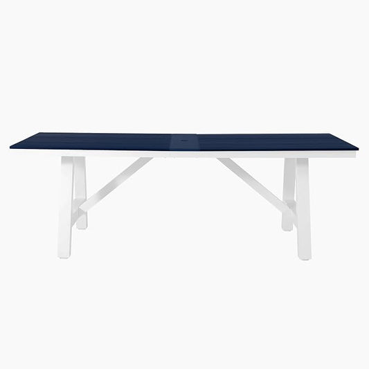WestinTrends Cape May 90" HDPE Rectangle Outdoor Patio Dining Table with Umbrella Hole and Metal Frame, Navy Blue
