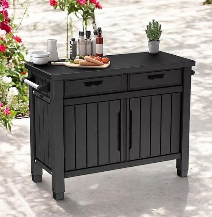 Outdoor Grill Table, Buffet, Entertainment and Storage Cabinet and Drawers, Graphite Gray