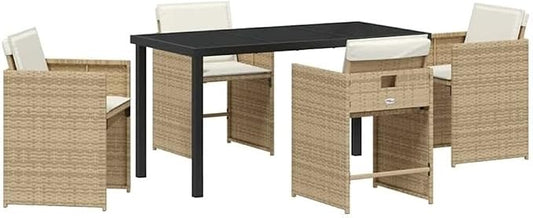 Afuera Living 5-Piece Poly Rattan Patio Dining Set with Cushions, Beige Finish, Powder-Coated Steel Frame, UV Resistant, Tempered Glass Tabletop, Weatherproof Seating, Outdoor Garden Furniture