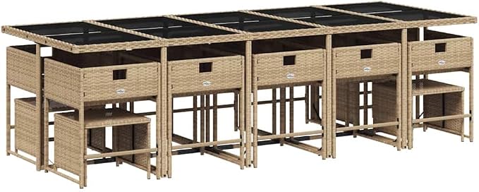 15-Piece Outdoor Dining Set, Beige Poly Rattan Patio Table and Chair Furniture for Garden, Backyard, Deck, Seats 14 Guests