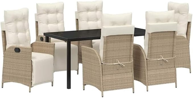 Afuera Living 7 Piece Poly Rattan Patio Dining Set, Cushions in Beige, Rectangular Table with Tempered Glass Top, Adjustable Footrests, Steel Frame, Seating for 6, Outdoor Garden or Backyard Dining