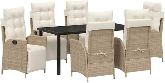 Afuera Living 7 Piece Poly Rattan Patio Dining Set, Cushions in Beige, Rectangular Table with Tempered Glass Top, Adjustable Footrests, Steel Frame, Seating for 6, Outdoor Garden or Backyard Dining