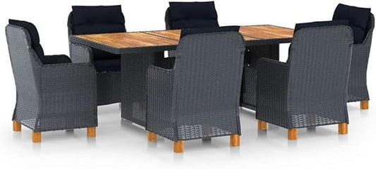 Afuera Living 7-Piece Round Outdoor Dining Set, Dark Gray PE Rattan and Solid Acacia Wood, Weather-Resistant, Removable Cushions, Modern Patio Furniture for Garden, Terrace or Balcony Seating