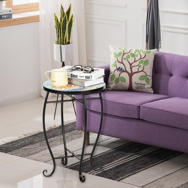 Blue Hawaiian Mosaic Patio Side Table, Round Outdoor Bistro Accent Table with Metal Frame, Weather Resistant Plant Stand Coffee End Table for Balcony Porch Garden Poolside