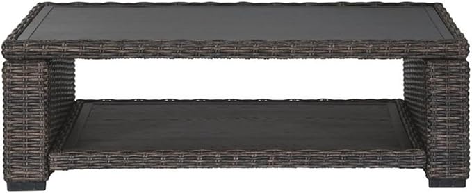 Afuera Living Outdoor Wicker Patio Coffee Table, 48 x 30 in, Brown Resin Wicker, Aluminum Frame and Tabletop, All-Weather Design, Lower Shelf, Rustproof Finish, Perfect for Patio or Outdoor Seating