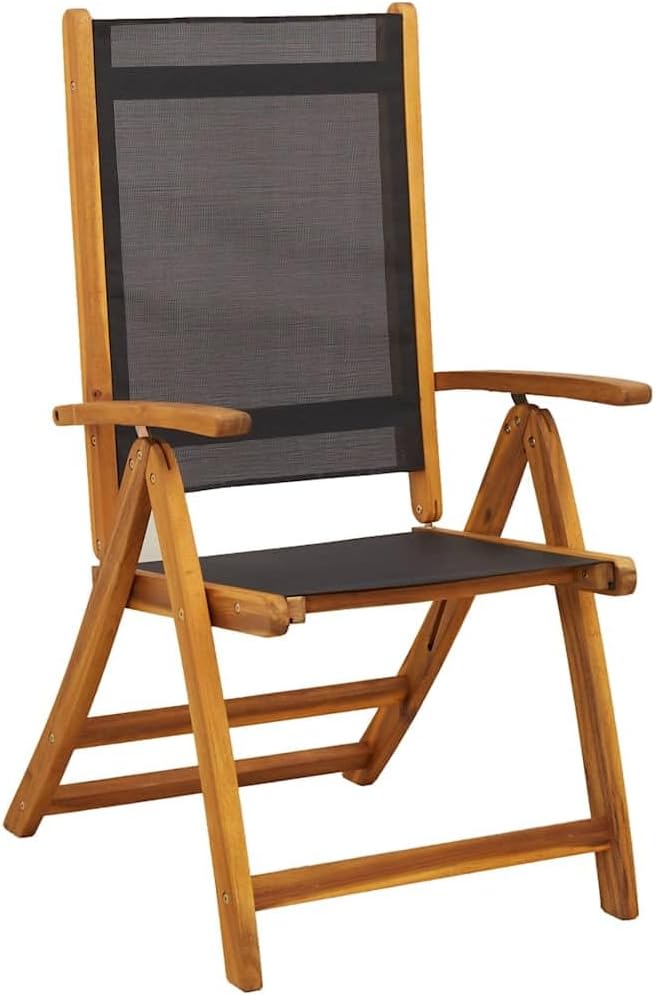 7-Piece Acacia Wood Oval Dining Set with Reclining Chairs | Features a dark oil finished table and 6 folding chairs with black textilene fabric for patio and backyard use.