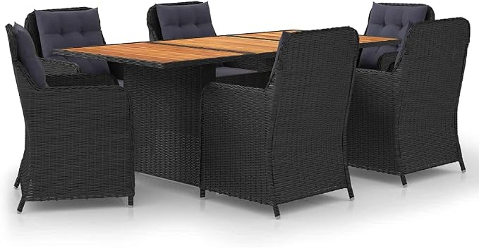7-Piece Outdoor Dining Set 78.7" Rectangular Acacia Wood Table with Black Poly Rattan Chairs Powder-Coated Steel Frame Weather-Ready Cushions Patio Furniture for Garden Backyard Terrace