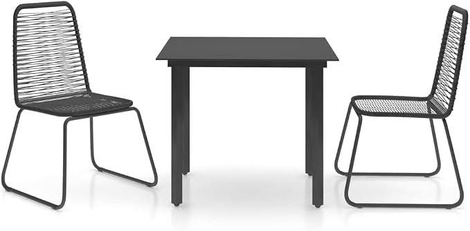 3 Piece Patio Dining Set, Small Outdoor Table and Chairs with Glass Top and 2 Black PVC Rattan Bistro Chairs for Backyard, Garden, Balcony, Porch