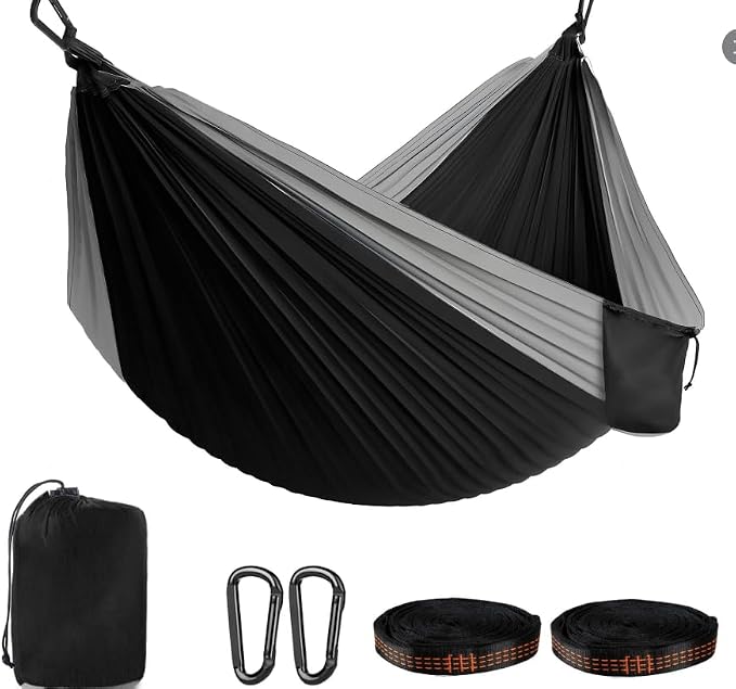 Adult Double Camping Hammock, 10ft x 6.5ft (300x200cm), Orange and Gray, 210T Nylon, 500 Lbs Weight Capacity, Portable with Storage Bag, d-Rings & Wide Straps, Breathable & Durable for Outdoor, Campin