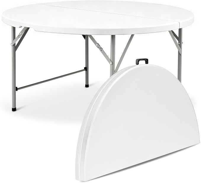 Athena Collection 4.5ft Folding Table, Indoor Outdoor Foldable Round Card Table Portable Plastic Craft Table with Lock & Handle, Collapsible Dining Table Desk for Commercial Party Camping, White