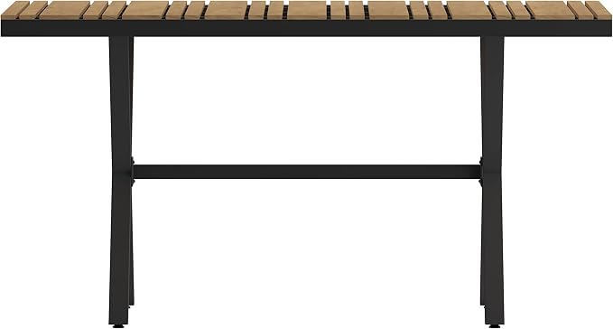 Flash Furniture Finch Commercial Grade X-Frame Outdoor Dining Table 59" x 35.5" with Faux Teak Poly Slats and Metal Frame, Natural/Gray