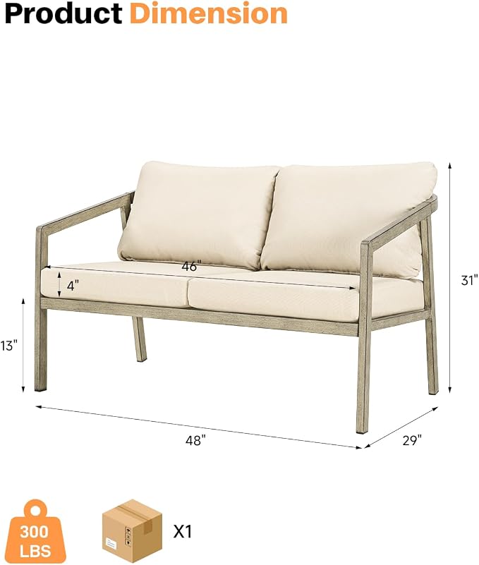 Outdoor Patio Loveseat, Never-Rust Aluminum Outdoor Loveseat Couch with Thick Cushions, Modern 2-Seater Patio Sofa Bench, Outdoor Sofa Loveseat Furniture for Poolside, Garden, Gray Oak