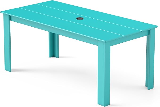 GREENVINES Outdoor Dining Table | 67’’ | HDPE | Rectangle Tables for 6 | All-Weather | Umbrella Hole | Patio Furniture | for Poolside Backyard Garden | Aqua