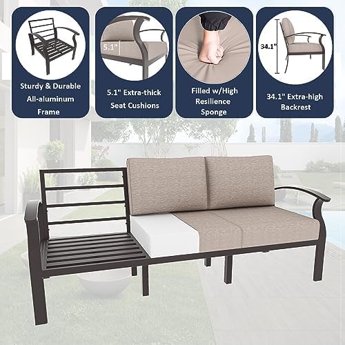 ALAULM Aluminum Patio Furniture Set with Coffee Table Rectangular, 5-seat Outdoor Sectional Furniture w/2 Swivel Chairs, Patio Conversation Set for Porch, Backyard, Sand