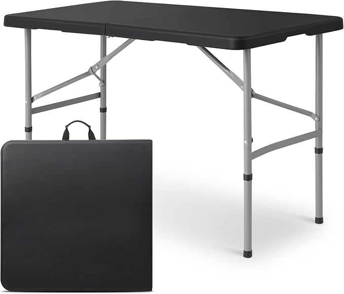 Magshion 4ft Plastic Folding Table, Indoor Outdoor Collapsible Portable Dining Table w/Handle, Ideal for Picnic Party Camping, Black
