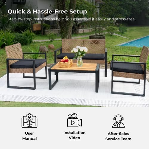 4-Piece Patio Furniture Set,Outdoor Wicker Conversation Sets with Wood Coffee Table,Heavy Duty PE Rattan Sectional Sofa Couch w/Washable Cushions for Backyard Balcony Porch Poolside (Vintage Brown A)
