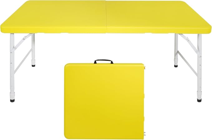 Anwick 4 Foot Folding Table Portable Fold-in-Half Plastic Picnic Table w/Handle and Steel Legs for Indoor, Outdoor, Camping, Party, Garden (Yellow, 4ft)