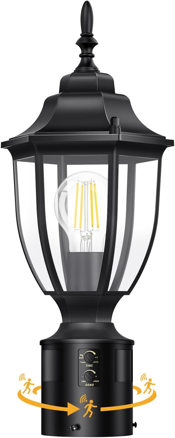 Lamomo Motion Sensor Outdoor Post Lights, Dusk to Dawn Lamp Post Light Fixture, Waterproof Aluminum Lamp Posts Outdoor Lighting Pole Lantern for Yard Patio Pathway Garden