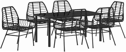 Afuera Living 7 Piece Poly Rattan Garden Dining Set, Black Finish, Weather-Resistant UV-Protected Materials, Glass Table Top, Comfort Seating, Modern Outdoor Patio Dining Furniture for Garden or