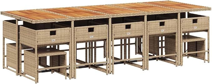 15 Piece Patio Dining Set with Cushions Beige Poly Rattan Outdoor Furniture Table and 10 Folding Chairs with Stools for Garden Backyard Relaxing Dining Space Saving