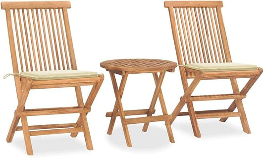 3 Piece Folding Patio Dining Set with Cushion Solid Teak Wood for Outdoor Garden Deck, Space Saving Foldable Table and 2 Chairs with Cream Cushions Weather Resistant