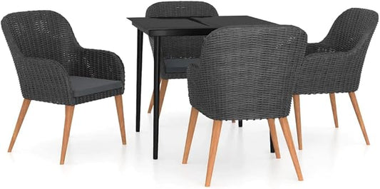 5 Piece Patio Dining Set with Cushions, Outdoor PE Rattan Dining Table and Chairs for Garden Backyard, Black Wicker Furniture Set with Glass Tabletop