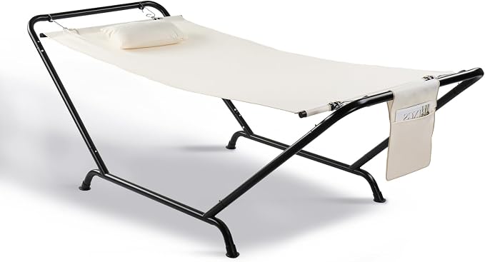 ONCLOUD Freestanding Hammock with Stand, 600LBS Heavy Duty Outdoor Hammock, Cofy Outdoor Hammock with Stand, Hammock Bed for Yard, Deck, Patio, Hammock with Soft Pillow & Storage Bag (White)