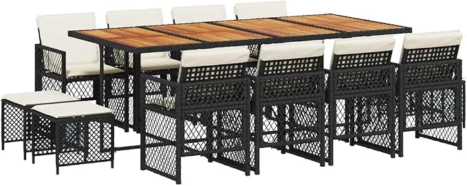 Black Garden Dining Set with 12 Seats PE Rattan Patio Furniture for Outdoor Dining Heavy Duty UV Resistant Table and Chairs Cushioned Seating for Backyard Deck Entertaining
