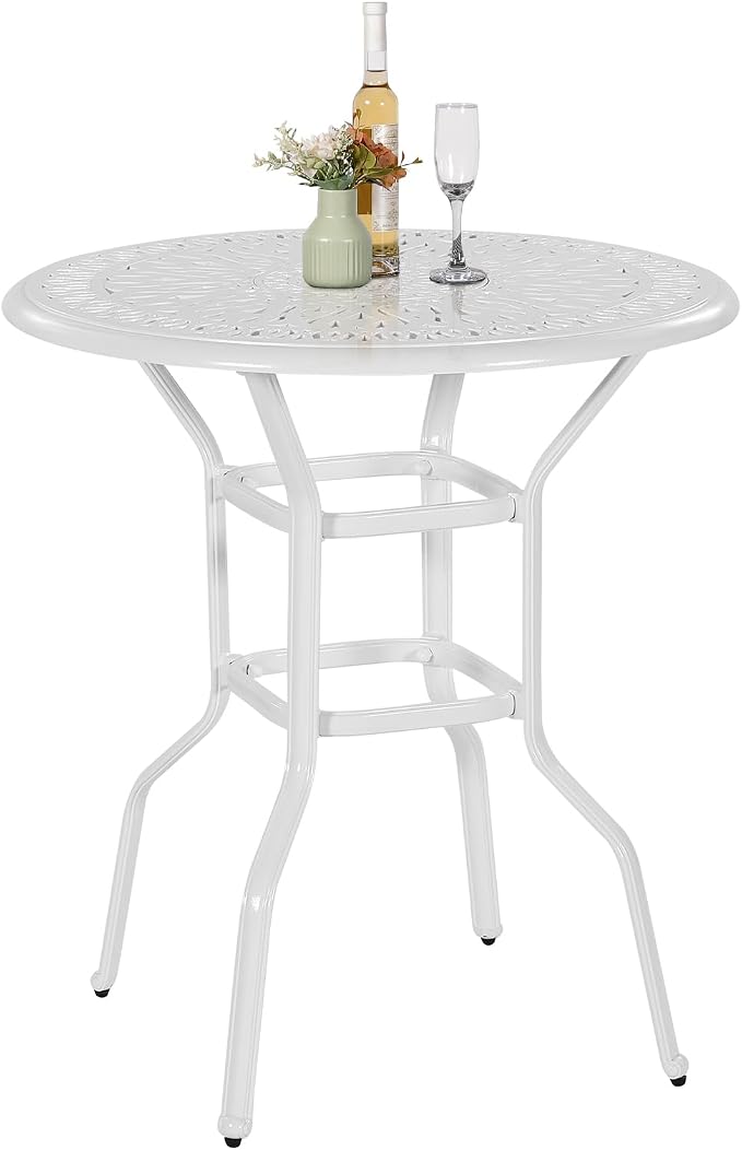 VIVIJASON 35.4" Patio Height Bar Table, All-Weather Cast Aluminum Bar Bistro Table Outdoor Patio Round Dining Table with Umbrella Hole for Balcony, Lawn, Garden, Backyard, White