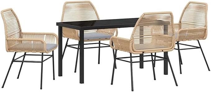 Afuera Living 5-Piece Poly Rattan Patio Dining Set, Black Tempered Glass Table, Cushioned Seats, Powder-Coated Steel Frame, UV-Resistant, Weatherproof Garden Furniture Set for Outdoor Entertainment