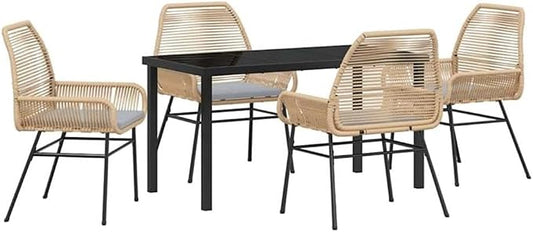 Afuera Living 5-Piece Poly Rattan Patio Dining Set, Black Tempered Glass Table, Cushioned Seats, Powder-Coated Steel Frame, UV-Resistant, Weatherproof Garden Furniture Set for Outdoor Entertainment