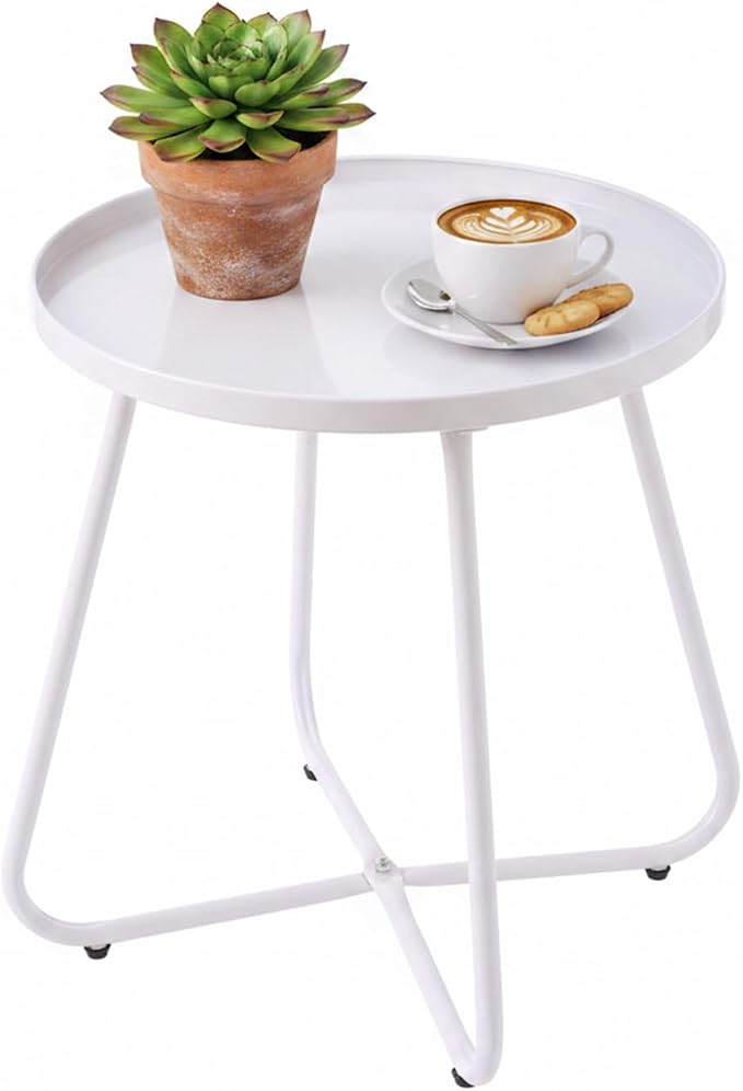 LITA Outdoor Side Table Metal Steel Weather Resistant Round End Table for Patio Balcony Living Room, Small Lightweight Weatherproof Accent Table,White,Modern